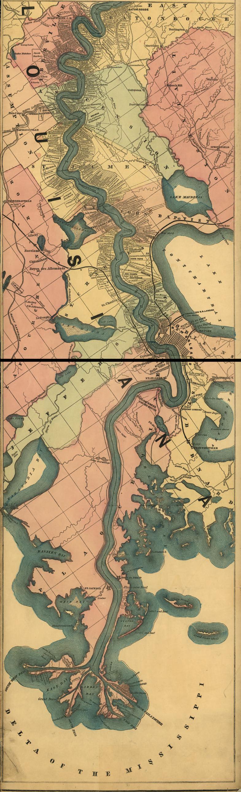 1862 shows Carrolton Railroad Landing,  New Canal Light, Fort St. John Light, Milneburg, and Lakeport