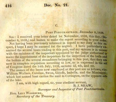 1838 Letter describes Port Pontchartrain (at Milneburg) & lists the boats employed there.